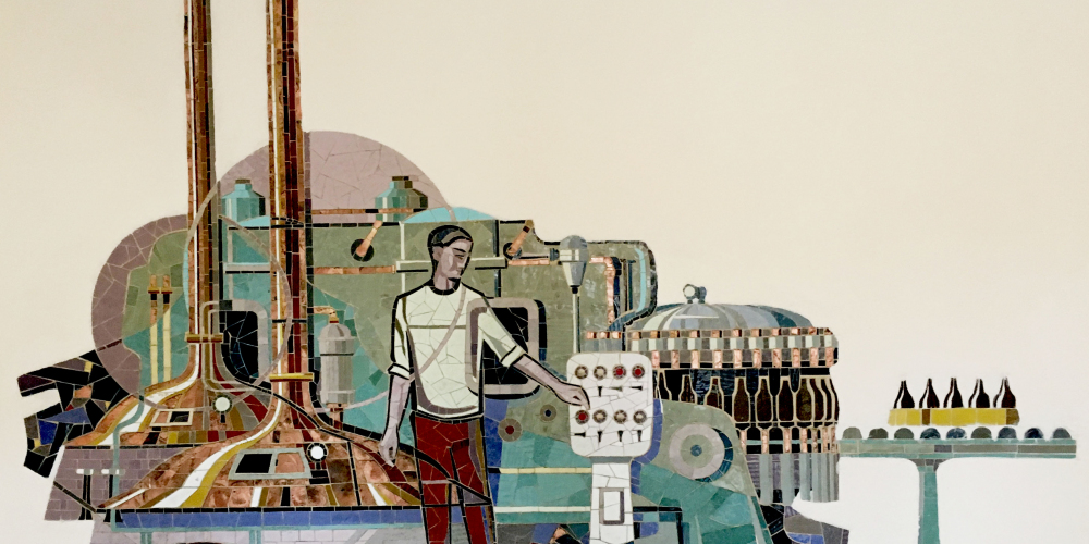 Ein Wandbild aus der Holstenbrauerei mit einer Person, die die Brauereigeräte bedient