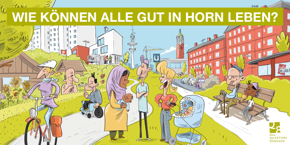 Eine bunte Comic-Zeichnung zu Horn - im Vordergrund verschiedene Menschen, die sich unterhalten, eingerahmt von Grünflächen, Backsteinbauten und im Hintergrund die U-Bahn Station und Moschee 