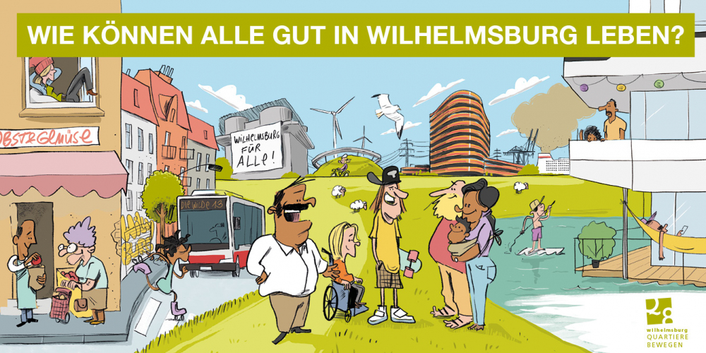 Illustration, die verschiedene Menschen in Wilhelmsburg zeigt.