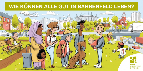 Illustration von Bahrenfeld. Im Vordergrund verschiedene Personen, die miteinander sprechen.