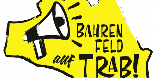 Logo von Bahrenfeld auf Trab. Der Stadtteil Bahrenfeld ist gelb mit schwarzer Umrandung. Darauf ist ein Megafon und der Schriftzug von Bahrenfeld auf Trab