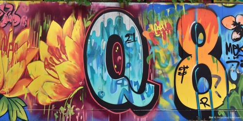 Q8 Graffiti - links neben dem türkisen Q und gelb-oranger 8 sind noch gelbe Blüten zu sehen