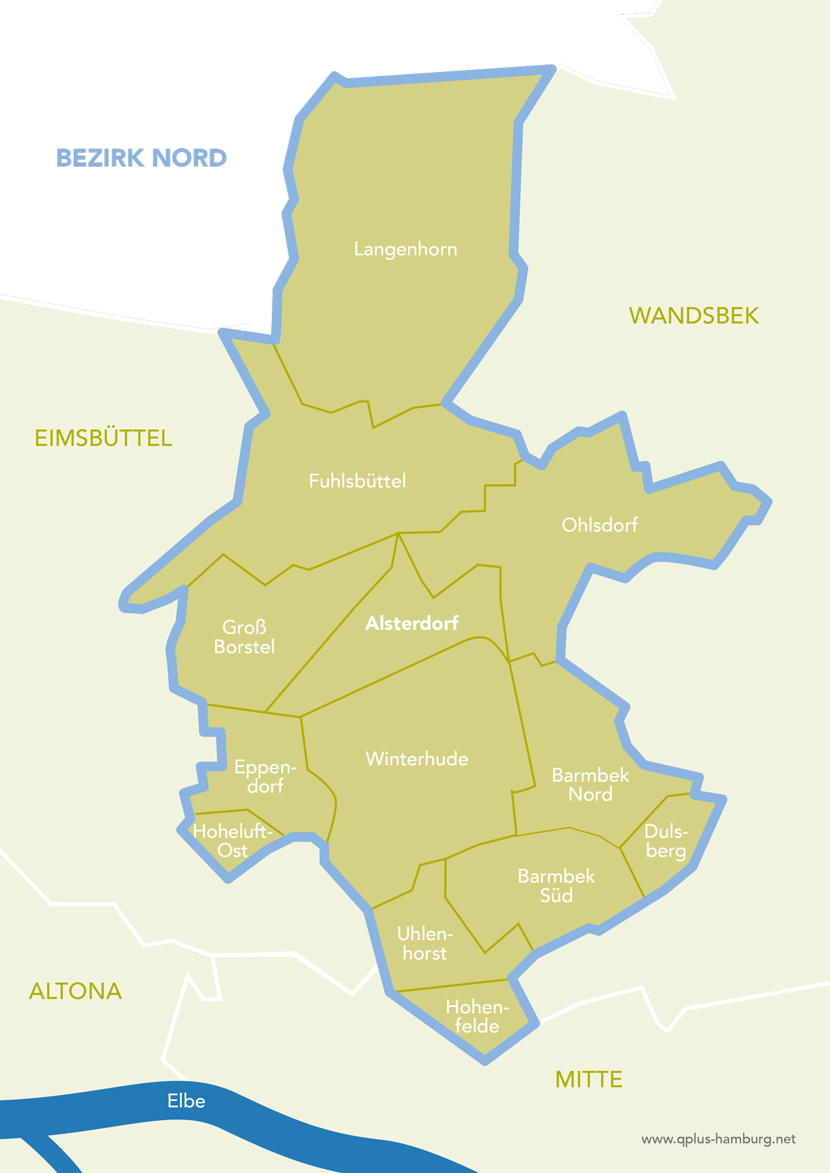 Bezirkskarte Hamburg-Nord: Langenhorn, Fuhlsbüttel, Ohlsdorf, Groß Borstel, Alsterdorf, Eppendorf, Winterhude, Hoheluft-Ost, Barmbek Nord, Barmbek Süd, Dulsberg, Uhlenhorst, Hohenfelde