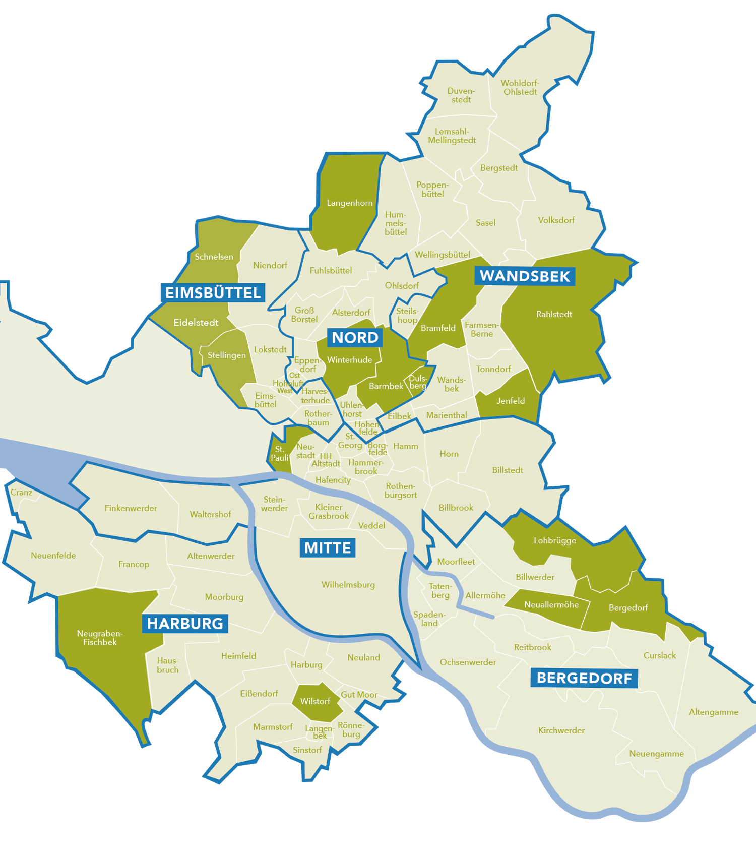 Bezirkskarte Hamburg: Altona, Eimsbüttel, Nord und Wandsbek
